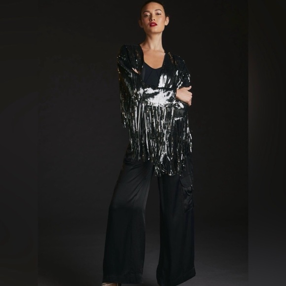 By Anthropologie Green Silver Black Sequin Fringed Jacket Large EUC Rare - Picture 6 of 10